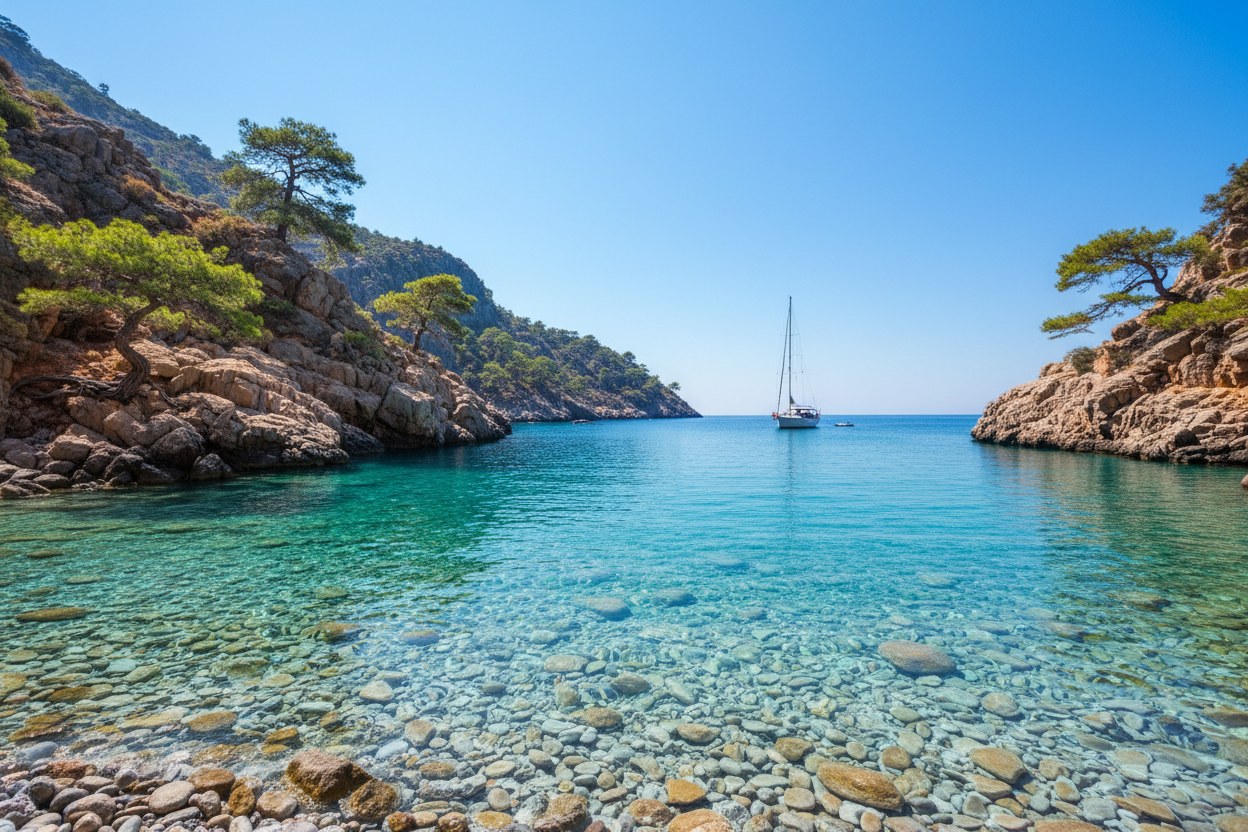 Kaş açıklarında derin mavi deniz ve kıyı silüeti